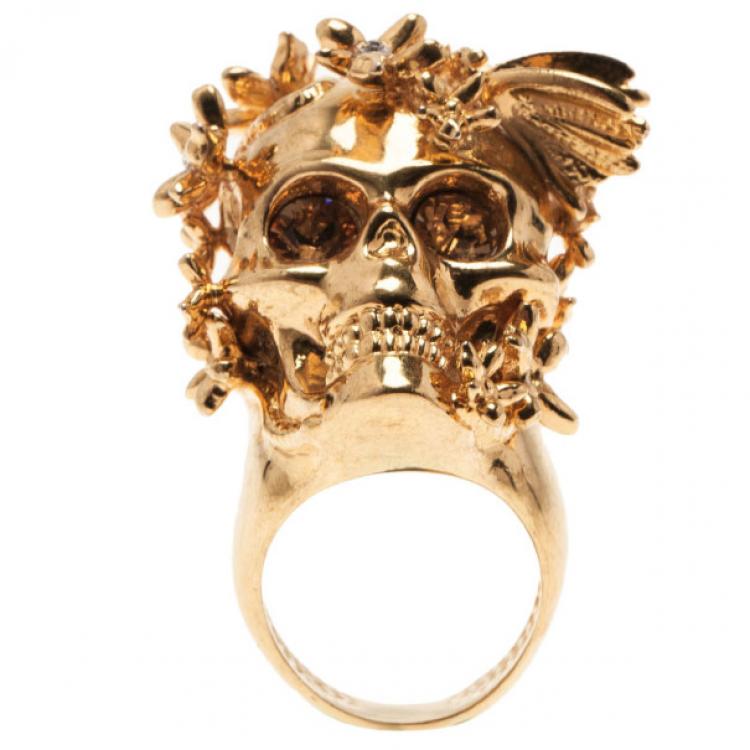 Pre Owned Alexander McQueen Gold Butterfly And Flower Skull Ring Size 53