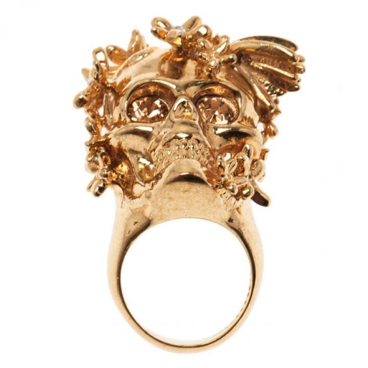 Pre Owned Alexander McQueen Gold Butterfly And Flower Skull Ring Size 53