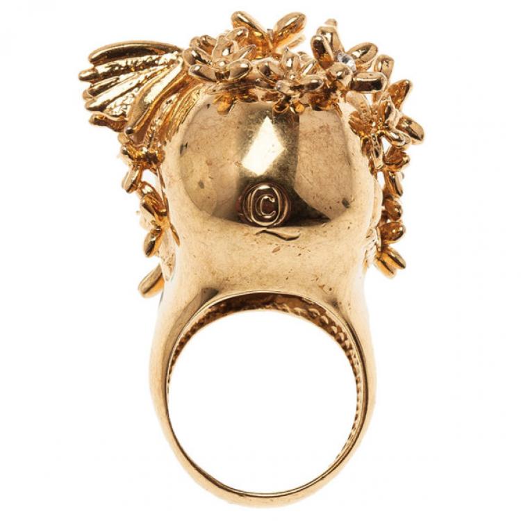 Pre Owned Alexander McQueen Gold Butterfly And Flower Skull Ring Size 53