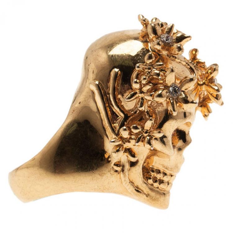 Pre Owned Alexander McQueen Gold Butterfly And Flower Skull Ring Size 53