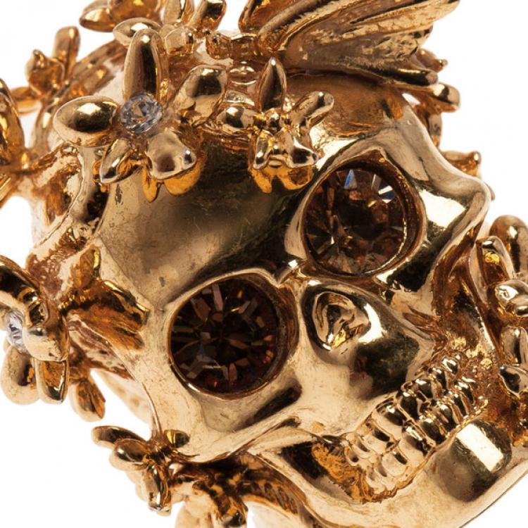 Pre Owned Alexander McQueen Gold Butterfly And Flower Skull Ring Size 53