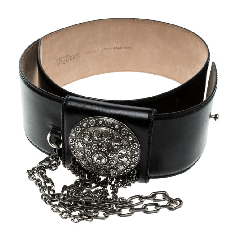 Pre Owned Alexander McQueen Black Leather and Chain Waist Belt 70cm
