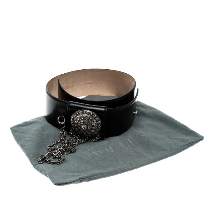 Pre Owned Alexander McQueen Black Leather and Chain Waist Belt 70cm