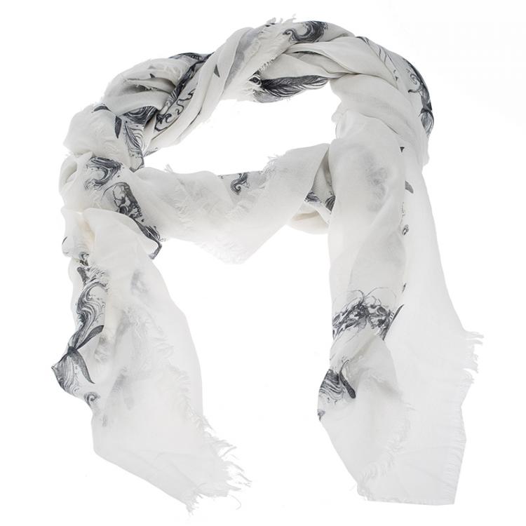 Pre Owned Alexander McQueen Monochrome Skull and Wing Print Modal and Cashmere Scarf