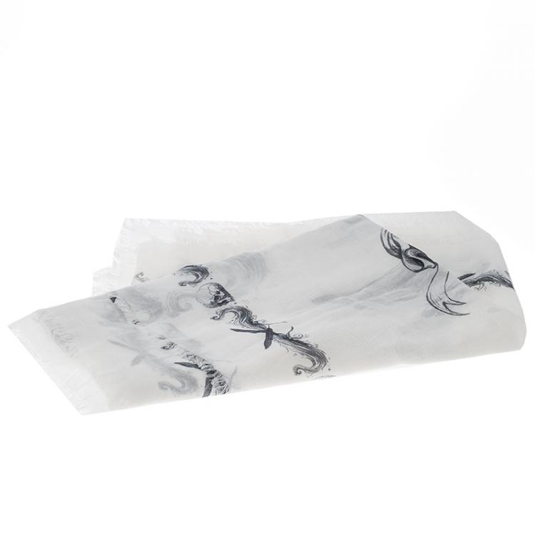Pre Owned Alexander McQueen Monochrome Skull and Wing Print Modal and Cashmere Scarf