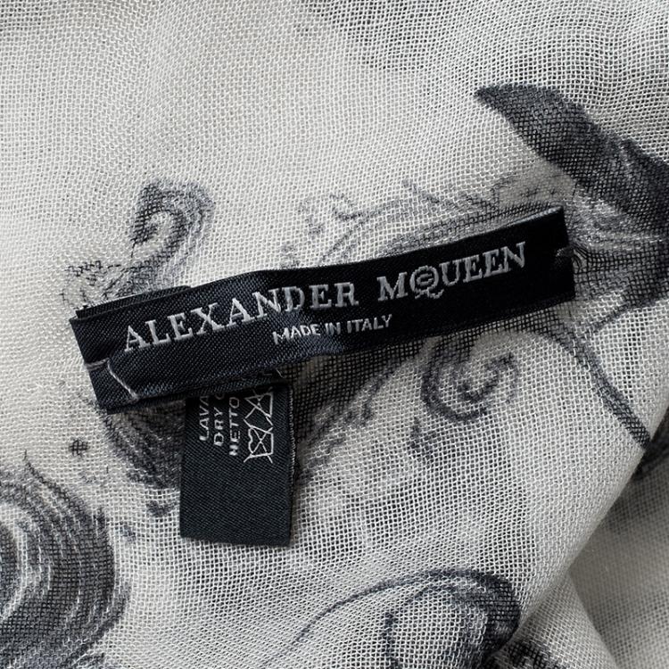 Pre Owned Alexander McQueen Monochrome Skull and Wing Print Modal and Cashmere Scarf