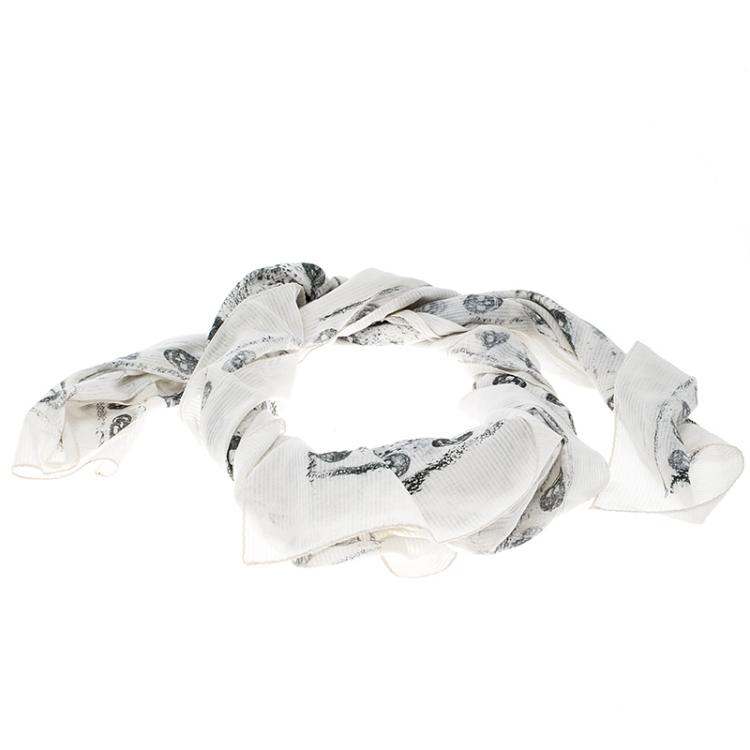 Pre Owned Alexander McQueen Off White Sprayed Skull Printed Cotton Scarf