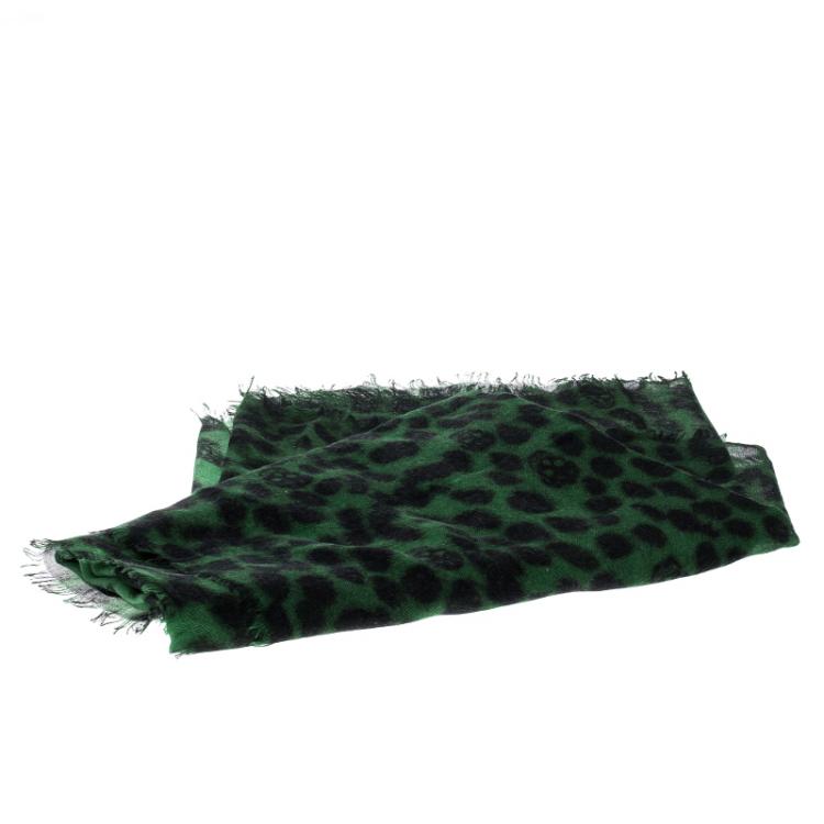 Pre Owned Alexander McQueen Green and Black Skull and Animal Print Silk Cashmere Scarf