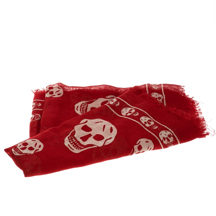 Pre Owned Alexander McQueen Red Skull Print Modal Cashmere Fringed Scarf 