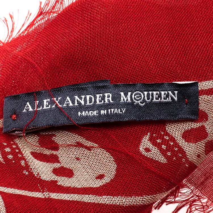 Pre Owned Alexander McQueen Red Skull Print Modal Cashmere Fringed Scarf 