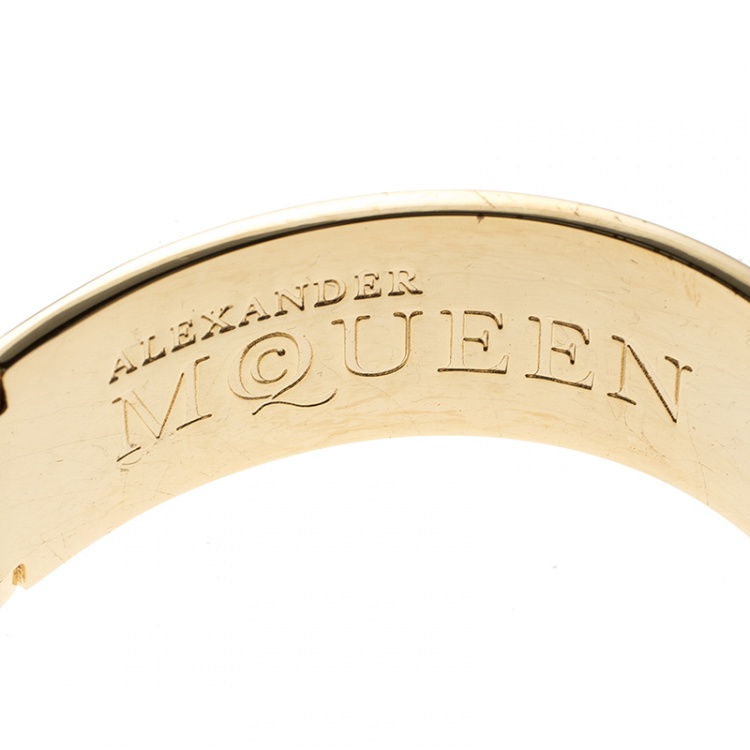 Pre Owned Alexander McQueen Skull Detailed White Enamel Gold Tone Bangle Bracelet