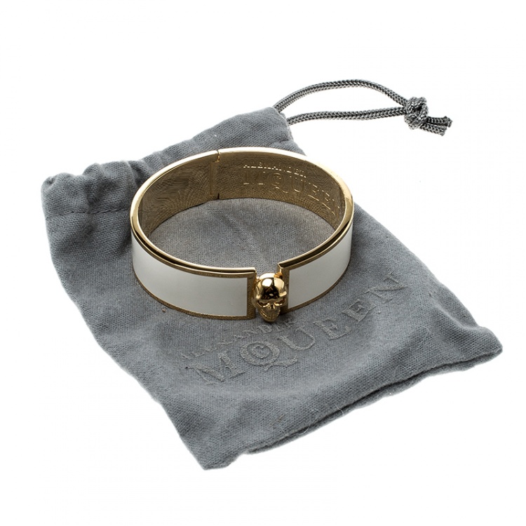 Pre Owned Alexander McQueen Skull Detailed White Enamel Gold Tone Bangle Bracelet