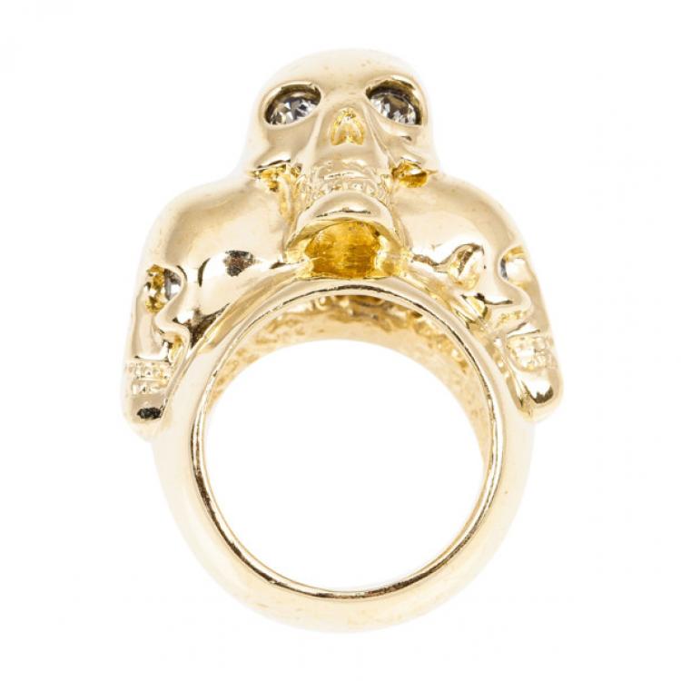 Pre Owned Alexander McQueen 3-Skull Gold-Tone Ring Size 54