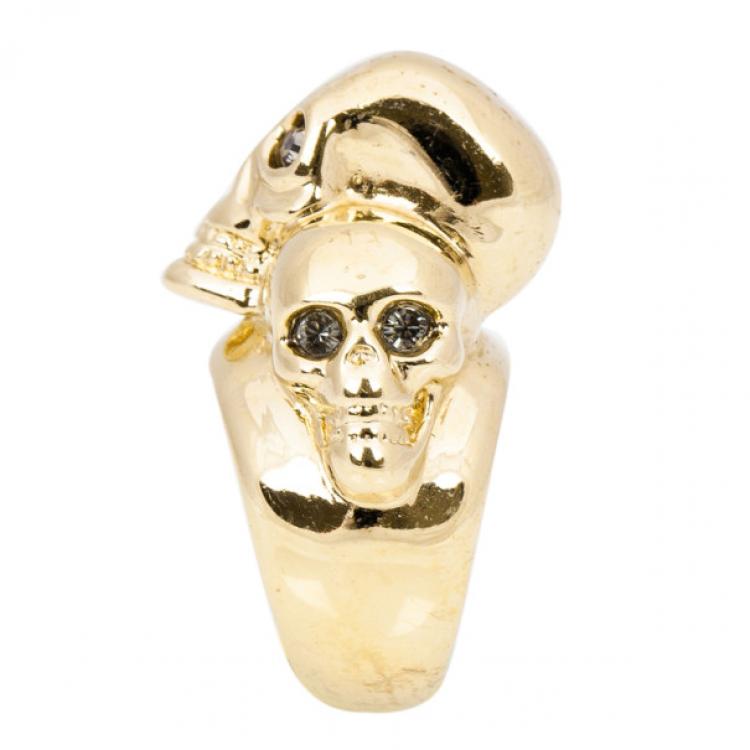 Pre Owned Alexander McQueen 3-Skull Gold-Tone Ring Size 54