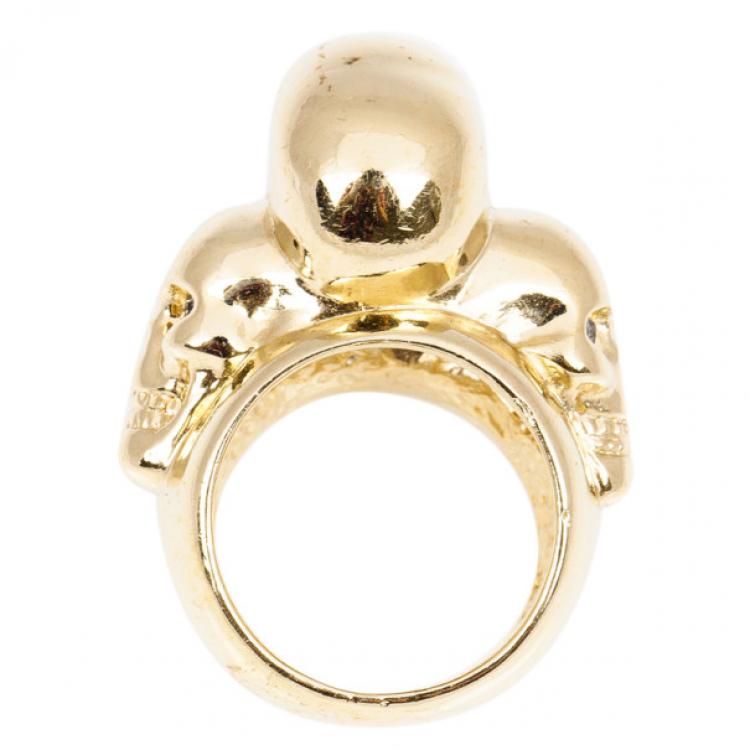 Pre Owned Alexander McQueen 3-Skull Gold-Tone Ring Size 54