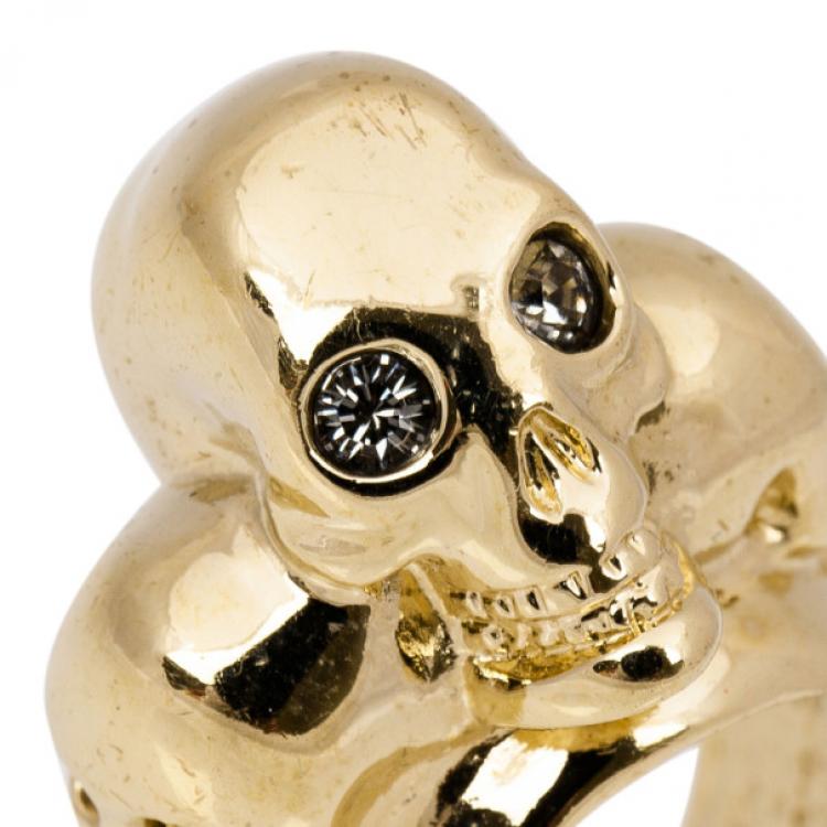 Pre Owned Alexander McQueen 3-Skull Gold-Tone Ring Size 54