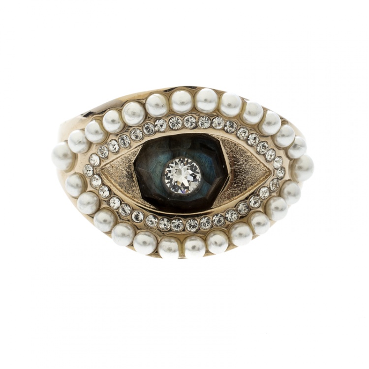 Pre Owned Alexander McQueen Jewelled Eye Gold Tone Ring Size 54.5