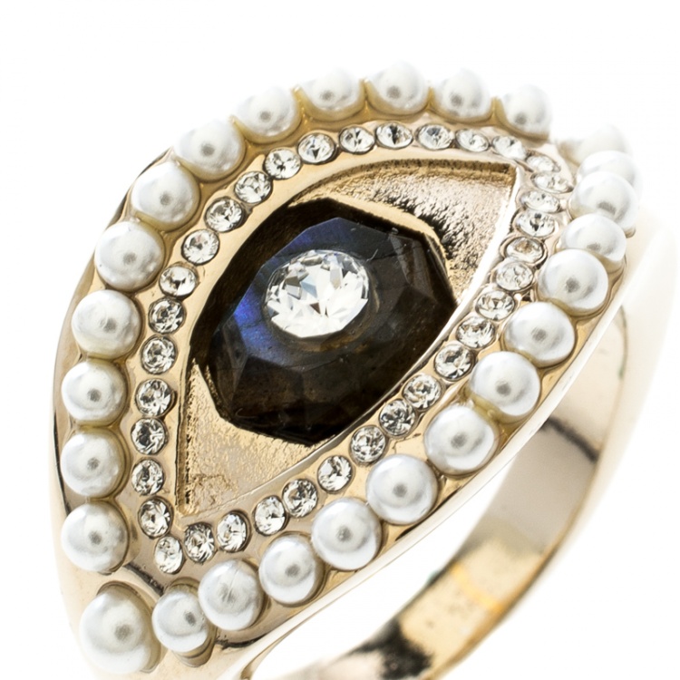 Pre Owned Alexander McQueen Jewelled Eye Gold Tone Ring Size 54.5