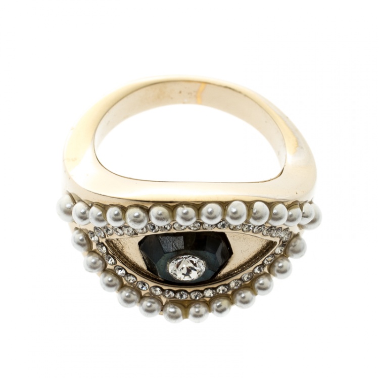 Pre Owned Alexander McQueen Jewelled Eye Gold Tone Ring Size 54.5