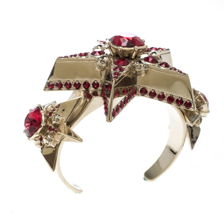 Pre Owned Alexander McQueen Star Skull Red Crystal Open Cuff Bracelet S