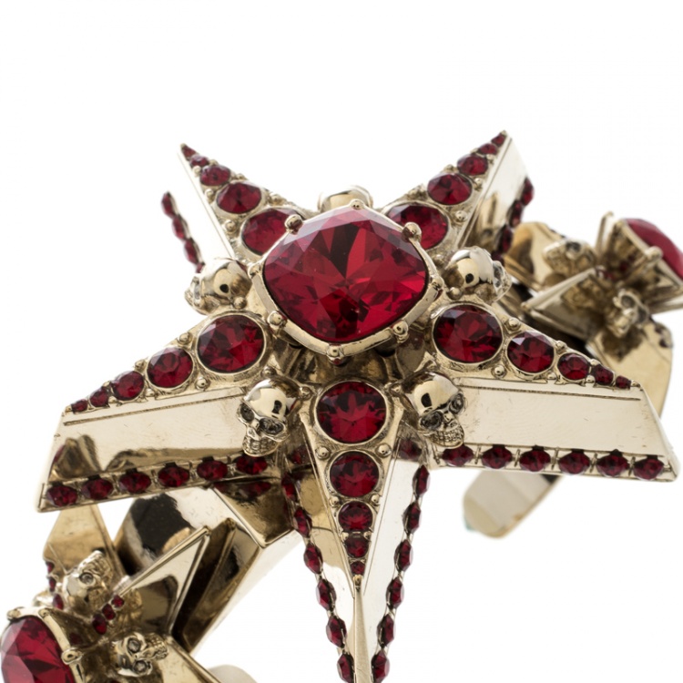 Pre Owned Alexander McQueen Star Skull Red Crystal Open Cuff Bracelet S