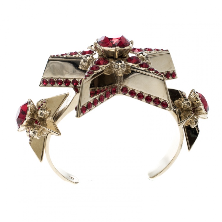 Pre Owned Alexander McQueen Star Skull Red Crystal Open Cuff Bracelet S