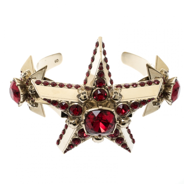 Pre Owned Alexander McQueen Star Skull Red Crystal Open Cuff Bracelet S
