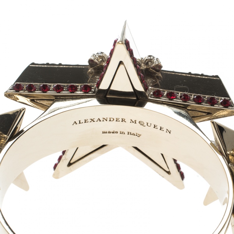Pre Owned Alexander McQueen Star Skull Red Crystal Open Cuff Bracelet S