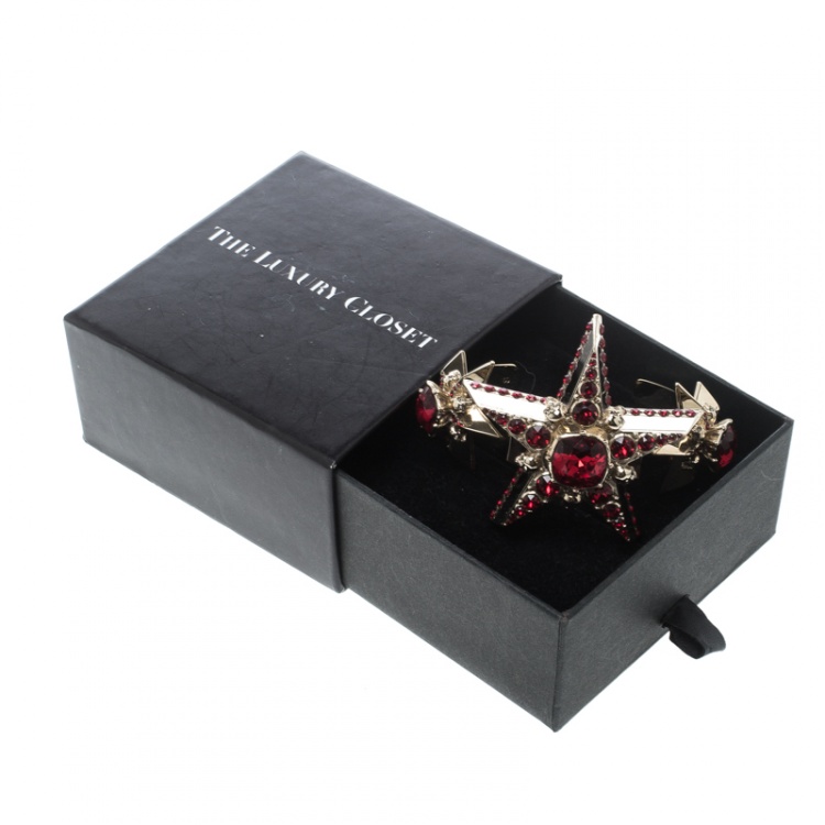 Pre Owned Alexander McQueen Star Skull Red Crystal Open Cuff Bracelet S