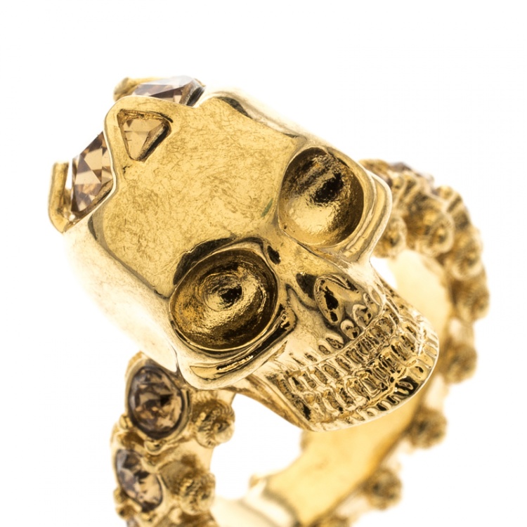 Pre Owned Alexander McQueen Skull Crystal Embedded Gold Tone Ring Size 52.5