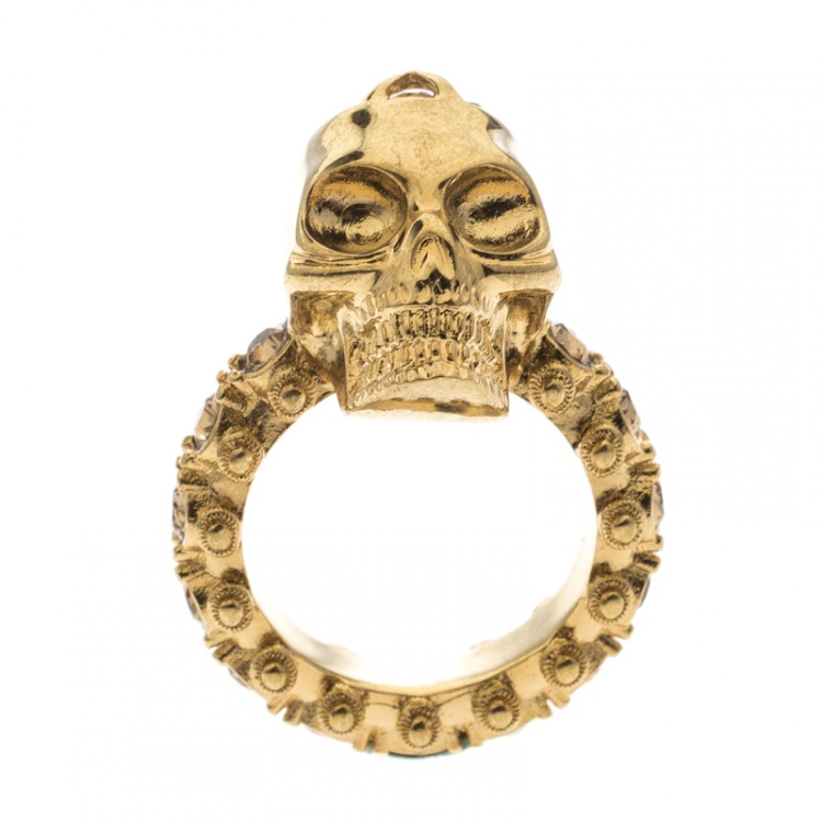 Pre Owned Alexander McQueen Skull Crystal Embedded Gold Tone Ring Size 52.5