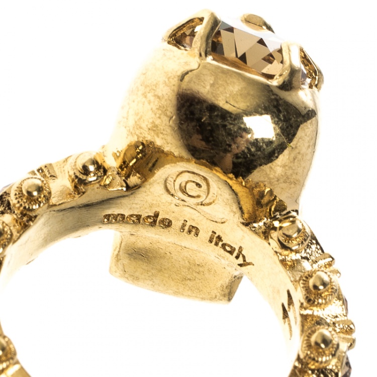 Pre Owned Alexander McQueen Skull Crystal Embedded Gold Tone Ring Size 52.5