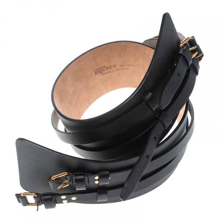Pre Owned Alexander McQueen Black Leather Wide Waist Belt 85cm