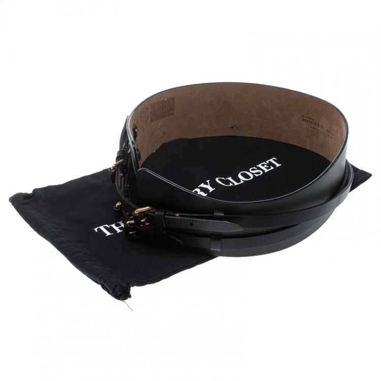 Pre Owned Alexander McQueen Black Leather Wide Waist Belt 85cm