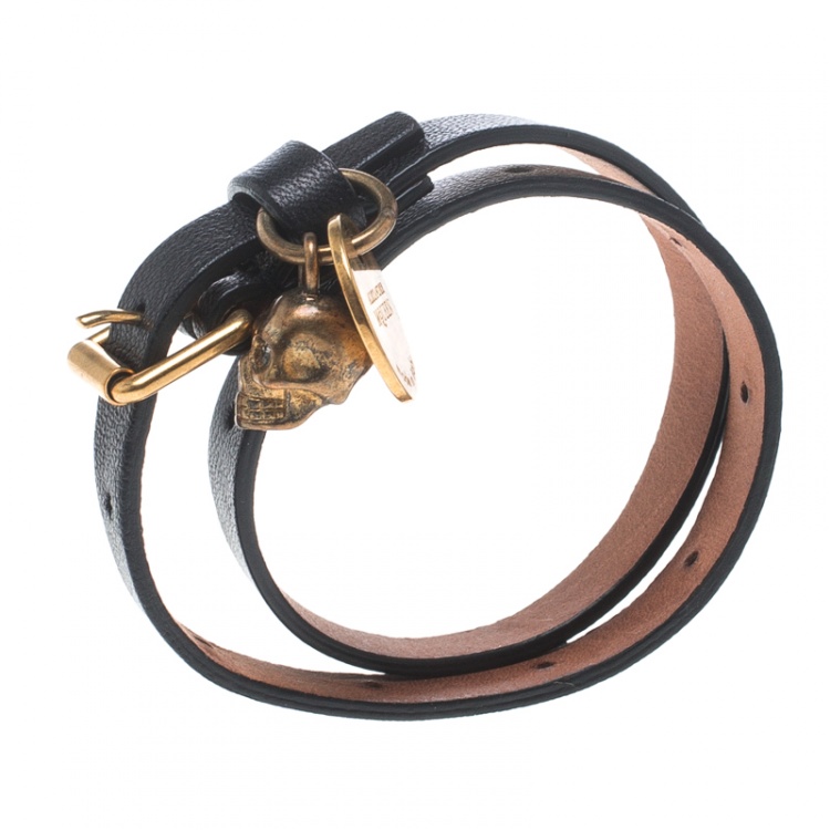 Pre Owned Alexander McQueen Black Leather Gold Tone Double Wrap Skull Charm Bracelet 
