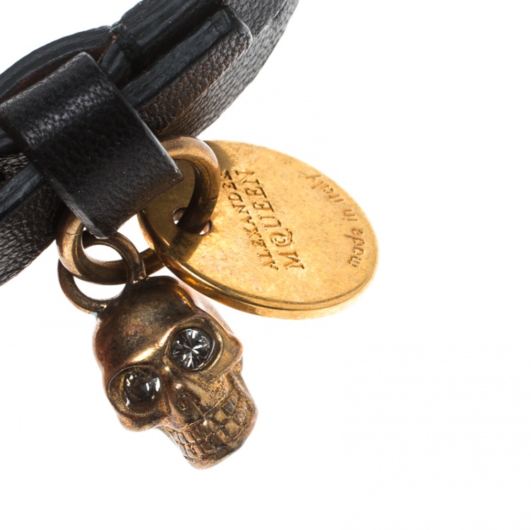 Pre Owned Alexander McQueen Black Leather Gold Tone Double Wrap Skull Charm Bracelet 