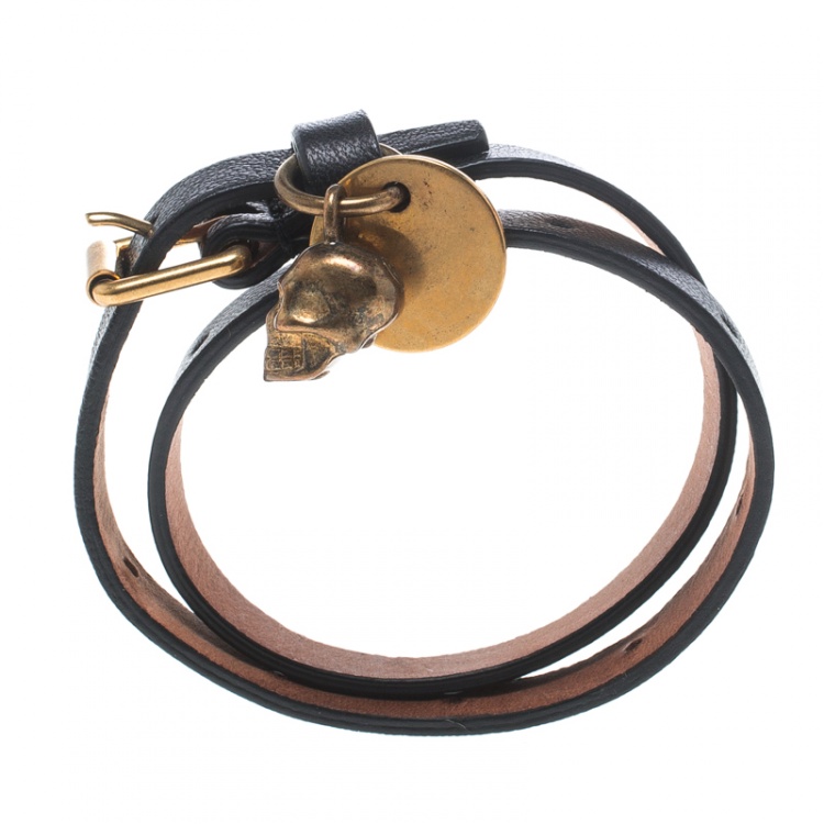 Pre Owned Alexander McQueen Black Leather Gold Tone Double Wrap Skull Charm Bracelet 