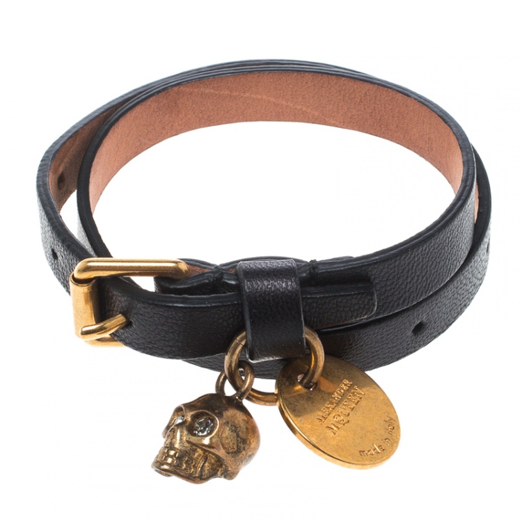 Pre Owned Alexander McQueen Black Leather Gold Tone Double Wrap Skull Charm Bracelet 