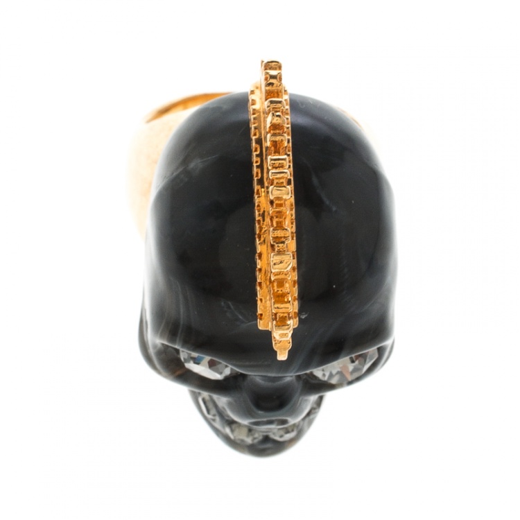Pre Owned Alexander McQueen Grey Skull Plexi Punk Gold Tone Cocktail Ring Size 53
