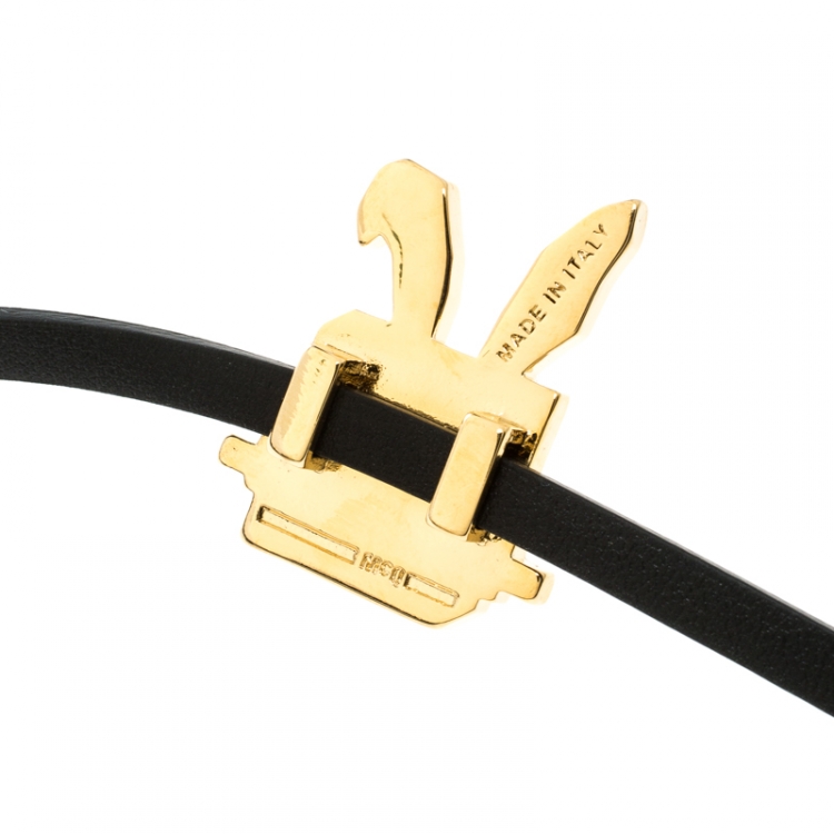 Pre Owned MCQ Alexander McQueen Mini Electro Bunny Enamel Black Leather Wrap Bracelet