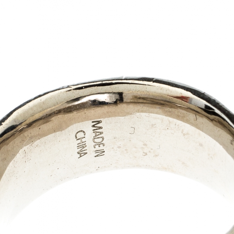 Pre Owned Alexander McQueen Black & White Enamel Skulls Silver Tone Band Ring Size 56