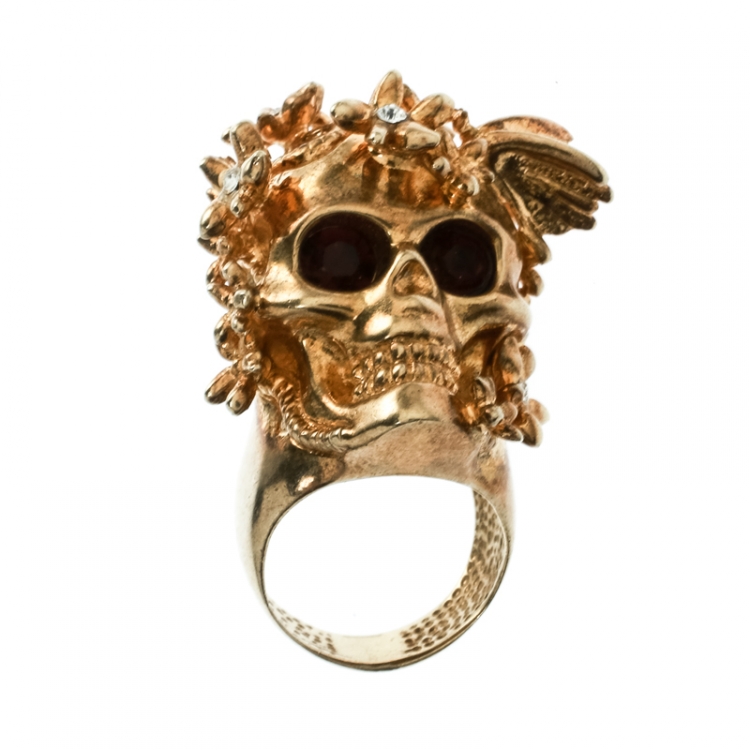 Pre Owned Alexander McQueen Skull Crystal Flower Gold Tone Cocktail Ring Size 52