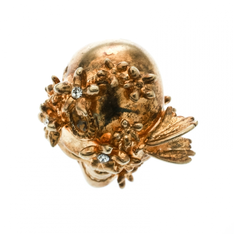 Pre Owned Alexander McQueen Skull Crystal Flower Gold Tone Cocktail Ring Size 52