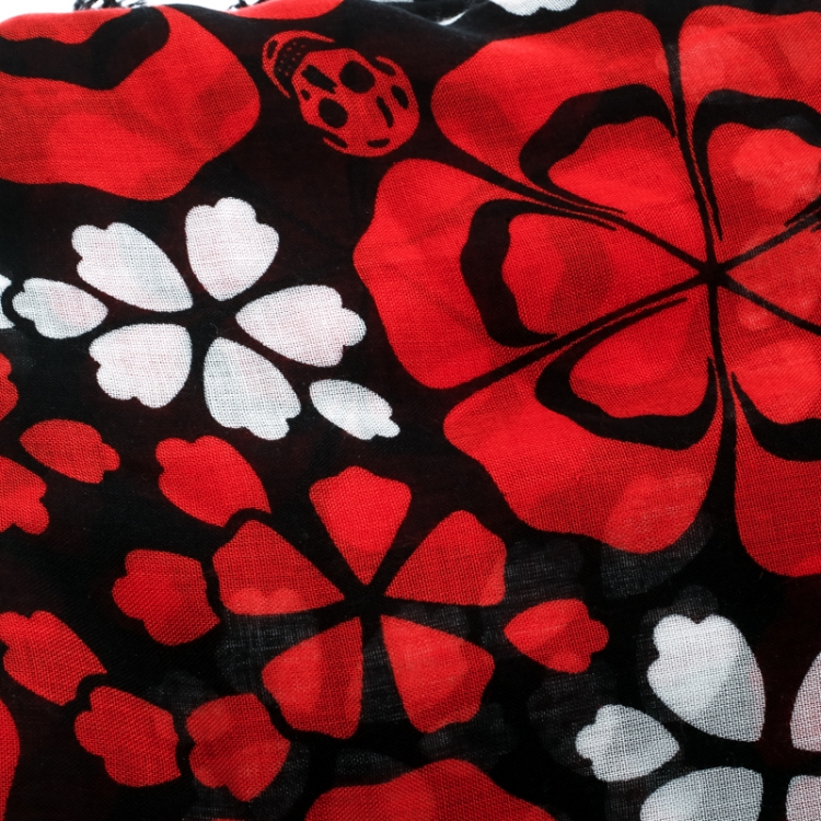 Pre Owned Alexander McQueen Black Floral and Skull Printed Fringed Edge Scarf