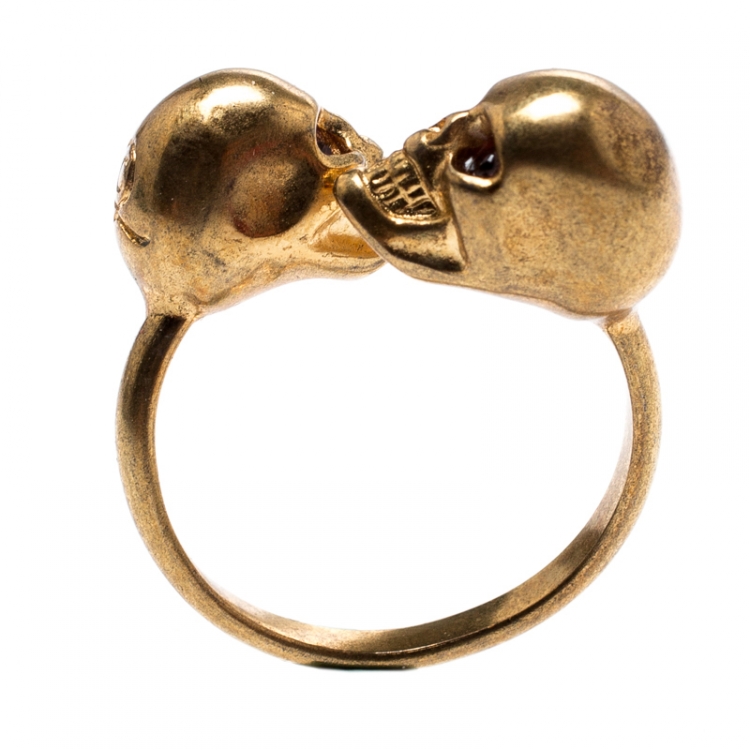 Pre Owned McQ by Alexander McQueen Twin Skull Bypass Gold Tone Ring Size 54.5