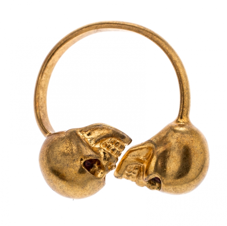Pre Owned McQ by Alexander McQueen Twin Skull Bypass Gold Tone Ring Size 54.5