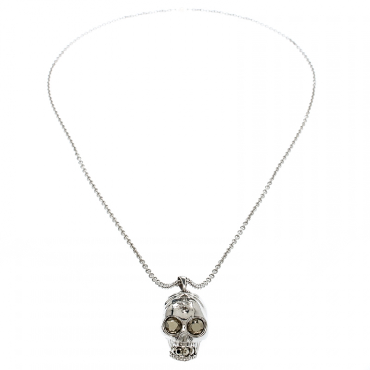 Pre Owned Alexander McQueen Crystal Embedded Silver Tone Skull Pendant Necklace