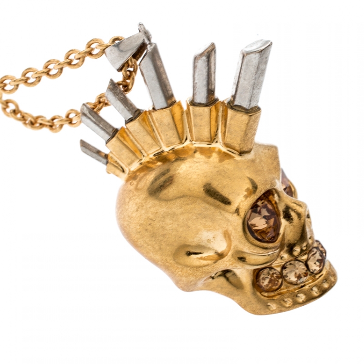 Pre Owned Alexander Mcqueen Mohawk Skull Crystal Studded Gold Tone Necklace 