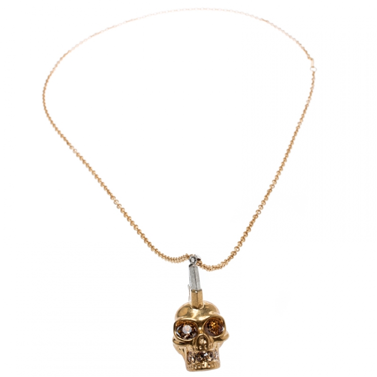 Pre Owned Alexander Mcqueen Mohawk Skull Crystal Studded Gold Tone Necklace 