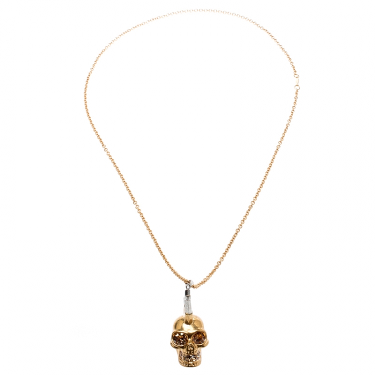 Pre Owned Alexander Mcqueen Mohawk Skull Crystal Studded Gold Tone Necklace 